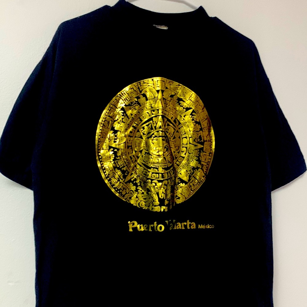 Mens Black and gold Aztec pattern, puerto Vallarta mexico. Size XL - fitted neck